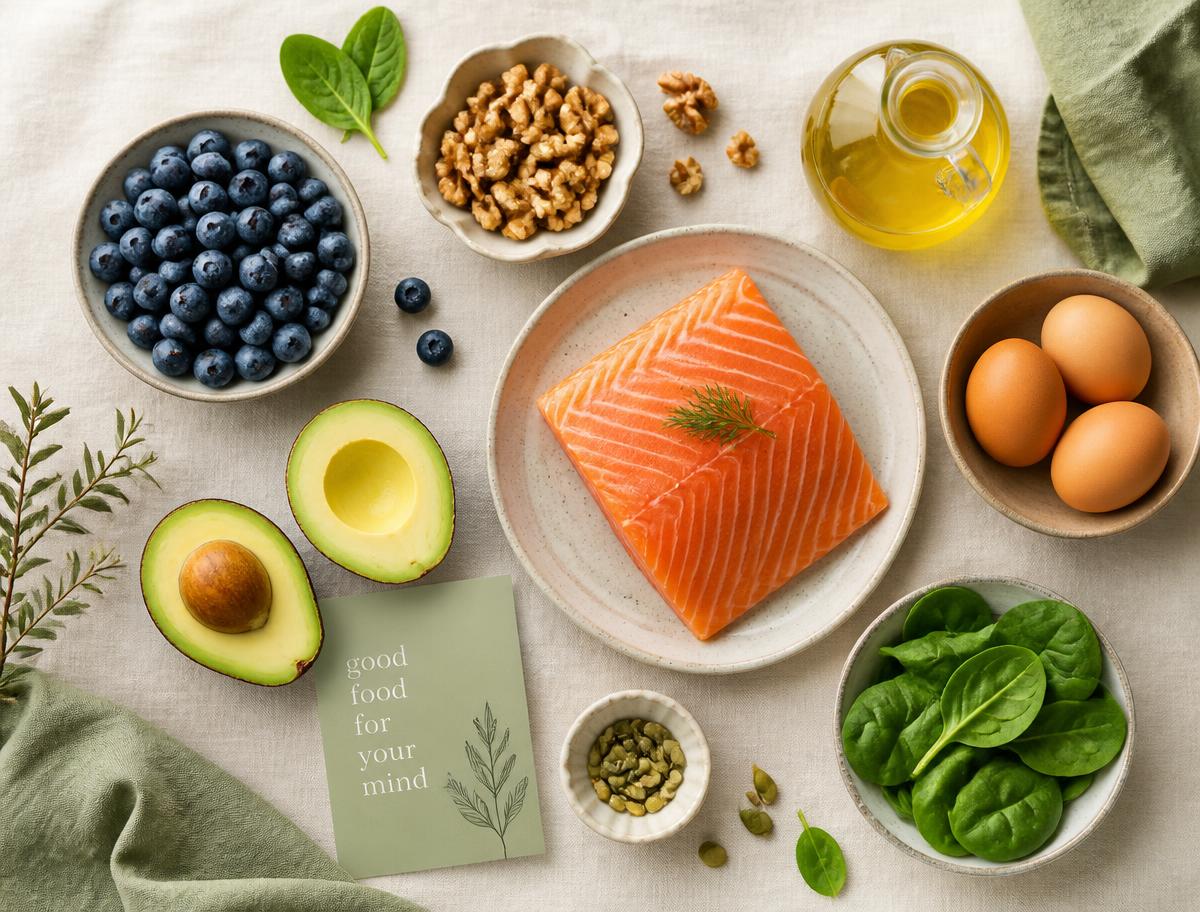 Flat lay of brain-healthy foods: salmon, blueberries, walnuts, avocado, eggs, spinach and olive oil